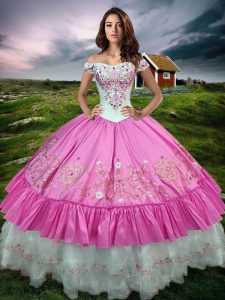 Dramatic Rose Pink Ball Gowns Taffeta Off The Shoulder Sleeveless Beading and Embroidery and Ruffled Layers Floor Length Lace Up 15th Birthday Dress