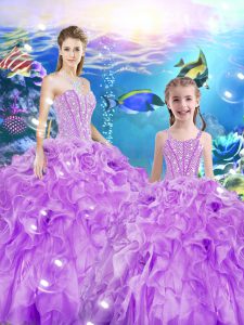 Stunning Lilac Organza Lace Up Vestidos de Quinceanera Sleeveless Floor Length Beading and Ruffles
