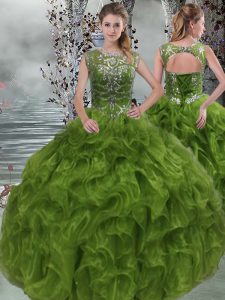 Olive Green Ball Gowns Scoop Sleeveless Organza Floor Length Lace Up Beading and Ruffles Quinceanera Gowns