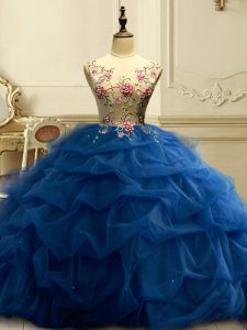 Flirting Scoop Sleeveless Sweet 16 Quinceanera Dress Floor Length Appliques and Ruffles and Sequins Navy Blue Organza