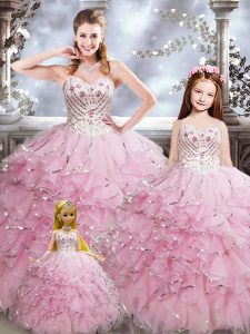 Baby Pink Sleeveless Organza Lace Up Quinceanera Gowns for Military Ball and Sweet 16 and Quinceanera