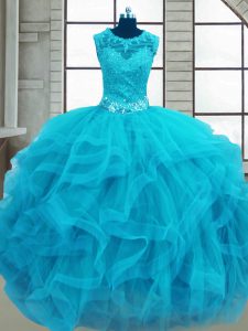 Extravagant Baby Blue Lace Up Scoop Beading and Ruffles Sweet 16 Dress Tulle Sleeveless
