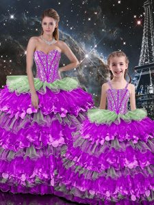 Sleeveless Organza Floor Length Lace Up Vestidos de Quinceanera in Multi-color with Beading and Ruffles