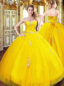 Gold Lace Up Sweetheart Beading and Appliques Quinceanera Dresses Tulle Sleeveless