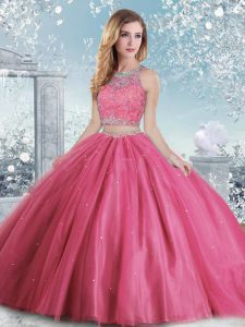 Great Sleeveless Floor Length Beading and Sequins Clasp Handle Quinceanera Dress with Hot Pink