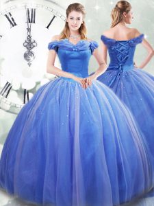 Amazing Sleeveless Pick Ups Lace Up Quince Ball Gowns with Light Blue Brush Train