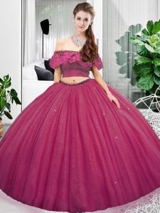 Excellent Organza Off The Shoulder Sleeveless Lace Up Lace and Ruching Sweet 16 Quinceanera Dress in Fuchsia