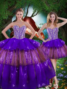 Organza Sleeveless Floor Length 15 Quinceanera Dress and Beading and Ruffled Layers and Sequins