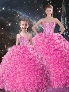 Spectacular Sweetheart Sleeveless Quinceanera Gown Floor Length Beading and Ruffles Rose Pink Organza
