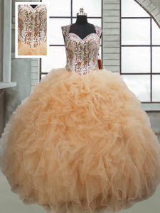 Organza Sweetheart Sleeveless Lace Up Beading and Ruffles 15th Birthday Dress in Champagne