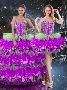 Sumptuous Multi-color Lace Up 15 Quinceanera Dress Beading and Ruffles and Ruffled Layers Sleeveless Floor Length