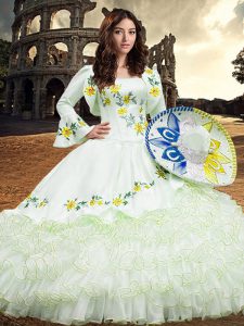 Spectacular White Lace Up Quinceanera Dresses Embroidery and Ruffled Layers Long Sleeves Floor Length