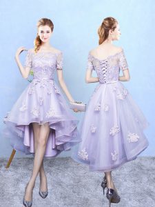 High Low Lavender Quinceanera Court Dresses Tulle Short Sleeves Lace