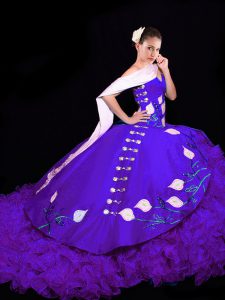 Organza Sweetheart Sleeveless Brush Train Lace Up Embroidery and Ruffles Vestidos de Quinceanera in Purple