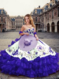 Fitting Purple Ball Gowns Organza Sweetheart Sleeveless Embroidery and Ruffled Layers Floor Length Lace Up Quinceanera Dress