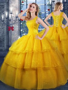 Fashionable Floor Length Lace Up Ball Gown Prom Dress Gold for Military Ball and Sweet 16 and Quinceanera with Ruffled Layers