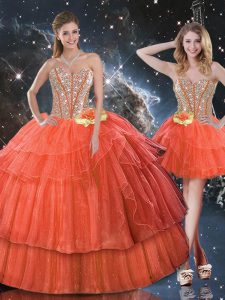 Trendy Rust Red Lace Up Sweetheart Ruffled Layers and Sequins Quinceanera Dresses Organza Sleeveless