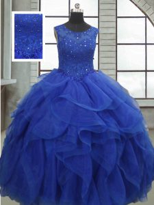 Glamorous Floor Length Lace Up 15 Quinceanera Dress Royal Blue for Military Ball and Sweet 16 and Quinceanera with Ruffles and Sequins