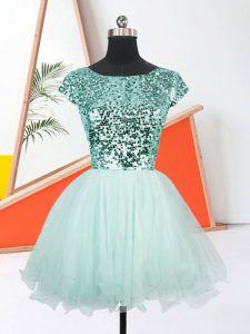Shining Apple Green Scoop Neckline Sequins Prom Evening Gown Short Sleeves Lace Up
