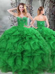 Flare Green Ball Gowns Organza Sweetheart Sleeveless Beading and Ruffles Floor Length Lace Up Vestidos de Quinceanera
