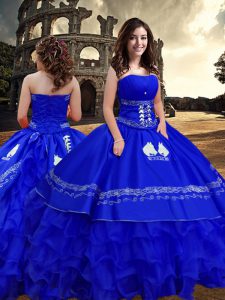 Shining Sleeveless Taffeta Floor Length Zipper Quinceanera Dress in Royal Blue with Embroidery and Ruffled Layers