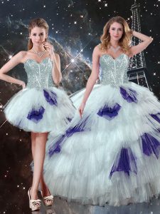 Multi-color Three Pieces Sweetheart Sleeveless Tulle Floor Length Lace Up Beading and Ruffled Layers and Sequins Quinceanera Dress
