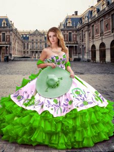 High Class Green Ball Gowns Sweetheart Sleeveless Organza Floor Length Lace Up Embroidery and Ruffled Layers 15th Birthday Dress