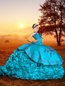 Baby Blue 15th Birthday Dress Military Ball and Sweet 16 and Quinceanera with Embroidery and Ruffles Sweetheart Sleeveless Brush Train Lace Up