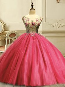 Beautiful Coral Red Scoop Lace Up Appliques and Sequins Quinceanera Dress Sleeveless