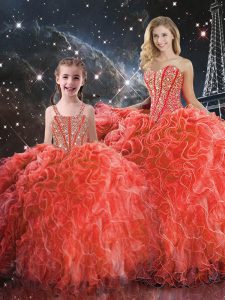 Sleeveless Organza Floor Length Lace Up Quince Ball Gowns in Coral Red with Beading and Ruffles