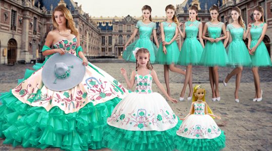 Artistic Floor Length Turquoise Sweet 16 Quinceanera Dress Organza Sleeveless Embroidery and Ruffled Layers