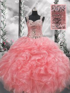 Affordable Straps Sleeveless Organza Ball Gown Prom Dress Beading and Ruffles Zipper