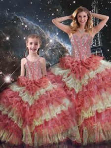 Beauteous Multi-color Sweetheart Neckline Beading and Ruffled Layers and Sequins Sweet 16 Quinceanera Dress Sleeveless Lace Up