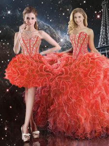 Coral Red Sleeveless Beading and Ruffles Floor Length 15th Birthday Dress