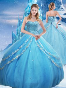 Customized Baby Blue Sleeveless Beading and Appliques and Sequins Floor Length 15 Quinceanera Dress