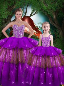 Purple Quinceanera Dress Military Ball and Sweet 16 and Quinceanera with Beading and Ruffled Layers Sweetheart Sleeveless Lace Up