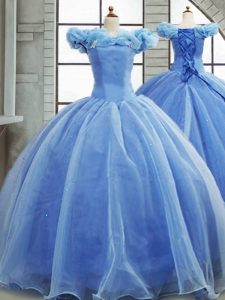 Eye-catching Sleeveless Organza Brush Train Lace Up Quinceanera Gown in Light Blue with Pick Ups