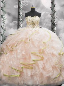 Super Peach Sleeveless Organza Brush Train Lace Up 15th Birthday Dress for Military Ball and Sweet 16 and Quinceanera