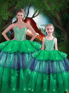Ideal Green Sleeveless Beading and Ruffled Layers Floor Length Ball Gown Prom Dress