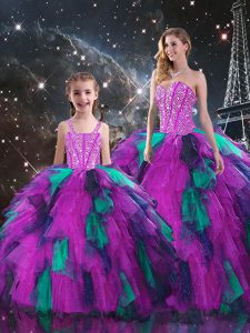 High End Floor Length Lace Up Quince Ball Gowns Multi-color for Military Ball and Sweet 16 and Quinceanera with Beading and Ruffles