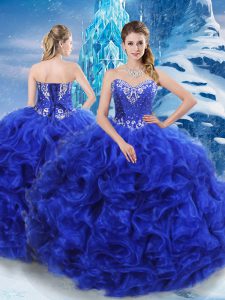 Deluxe Royal Blue Organza Lace Up Sweetheart Sleeveless Floor Length Quinceanera Gown Beading