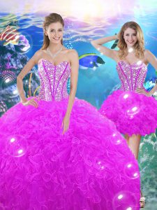 Flirting Fuchsia Organza Lace Up Sweetheart Sleeveless Floor Length Ball Gown Prom Dress Beading and Ruffles