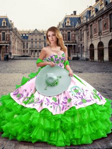 Green Ball Gowns Embroidery and Ruffled Layers Quinceanera Dress Lace Up Organza Sleeveless Floor Length