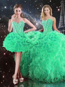 Sleeveless Organza Floor Length Lace Up Quinceanera Dresses in Green with Beading and Ruffles
