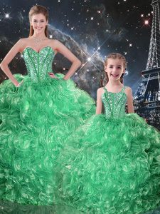 Dramatic Green Three Pieces Organza Sweetheart Sleeveless Beading and Ruffles Floor Length Lace Up Quinceanera Gown