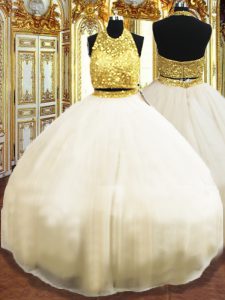 Vintage Halter Top Sleeveless Tulle 15th Birthday Dress Beading Zipper