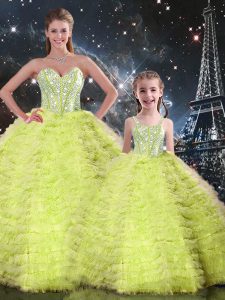 High Quality Floor Length Ball Gowns Sleeveless Yellow Green Quince Ball Gowns Lace Up