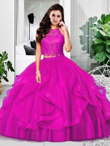 Sophisticated Fuchsia Vestidos de Quinceanera Military Ball and Sweet 16 and Quinceanera with Lace and Ruffles Halter Top Sleeveless Zipper