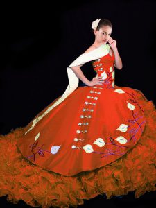 Sweet Rust Red Sleeveless Brush Train Embroidery and Ruffles Vestidos de Quinceanera