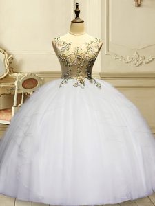 White Sleeveless Floor Length Appliques and Ruffles Lace Up Sweet 16 Quinceanera Dress